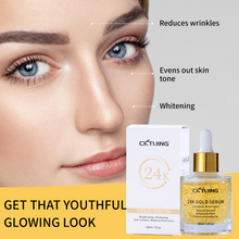 Load image into Gallery viewer, 24K Gold Serum for Face - Premium Anti-Aging Treatment with Real Gold Flakes, Hyaluronic Acid &amp; Vitamin E - Brightening, Hydrating &amp; Wrinkle Reduction - 30 ml
