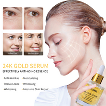Load image into Gallery viewer, 24K Gold Serum for Face - Premium Anti-Aging Treatment with Real Gold Flakes, Hyaluronic Acid &amp; Vitamin E - Brightening, Hydrating &amp; Wrinkle Reduction - 30 ml
