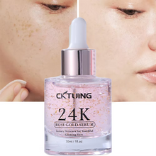 Load image into Gallery viewer, 24K Rose Gold Serum for Face – Anti-Aging + Radiance Booster with Gold Flakes, Rose Extract, Hyaluronic Acid, Niacinamide &amp; Vitamin C – Brightening, Hydrating &amp; Skin Tightening – 1 oz (30ml)
