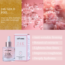 Load image into Gallery viewer, 24K Rose Gold Serum for Face – Anti-Aging + Radiance Booster with Gold Flakes, Rose Extract, Hyaluronic Acid, Niacinamide &amp; Vitamin C – Brightening, Hydrating &amp; Skin Tightening – 1 oz (30ml)
