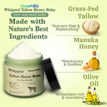 Load image into Gallery viewer, Beef Tallow Honey Balm | Grass Fed Whipped Beef Tallow With Honey Face &amp; Body Moisturizer 2 oz | Deeply Moisturizing for Face &amp; Body | Organic Grass-Fed Tallow, Unscented Whipped Tallow Balm
